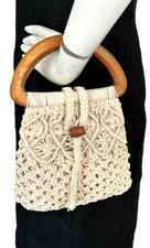 1970s Boho Macrame Bag Wood Handles Toggle Closure Tassel Lined Natural VGUC