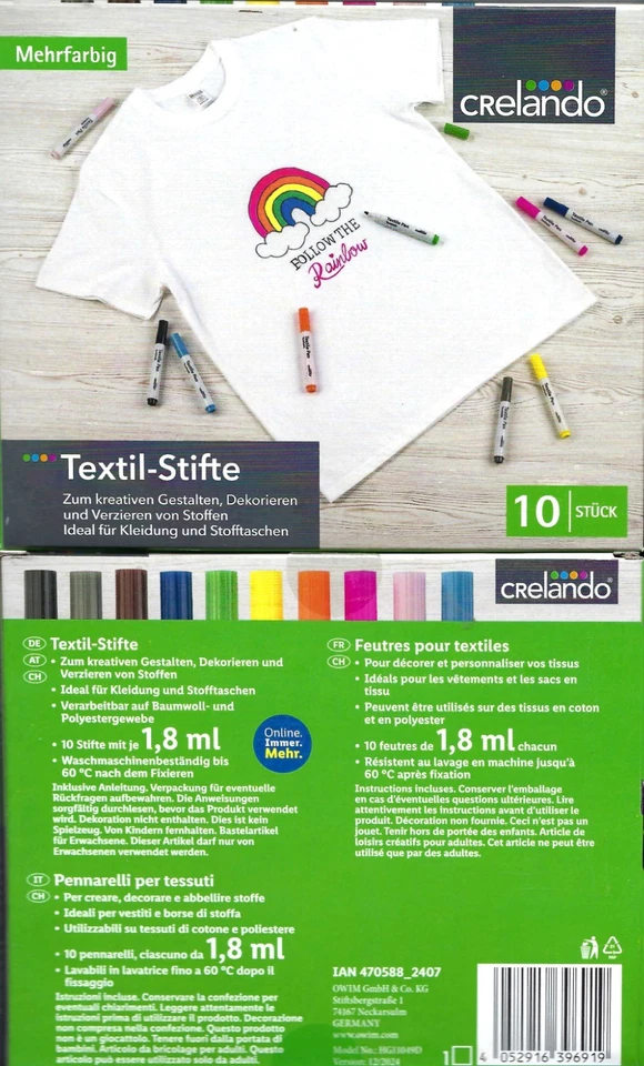 Textil-Stifte - Mehrfarbig - 10 Stück - Neu & OVP von Crelando -