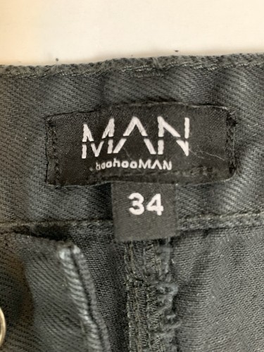 Boohoo Man Jeans 34 Black Fixed Slim Flare Gusset Carpenter Button Fly Grunge - Picture 4 of 11