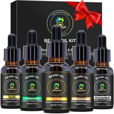 5 Pack Natural Beard Oil Set for Beard Care, Moisturizing, Soften, Gifts for Men