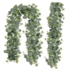  Artificial Eucalyptus Garland with Flowers, Fauxery Garland Decor 2 Pack Green
