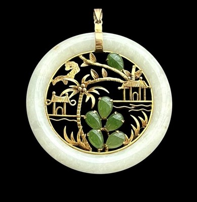 Vintage 14K Gold White Green Jade Bi Donut Pendant 2.5'' Large Pagoda 21.5 grams