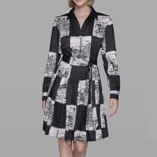 Karl Lagerfeld Paris Women's Belted Shirt Dress Sz 8 Black Graphic Print Pockets