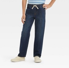 Cat  Jack Boys Straight Jeans Blue Denim Size 8 Flexible Drawstring Easy On Off