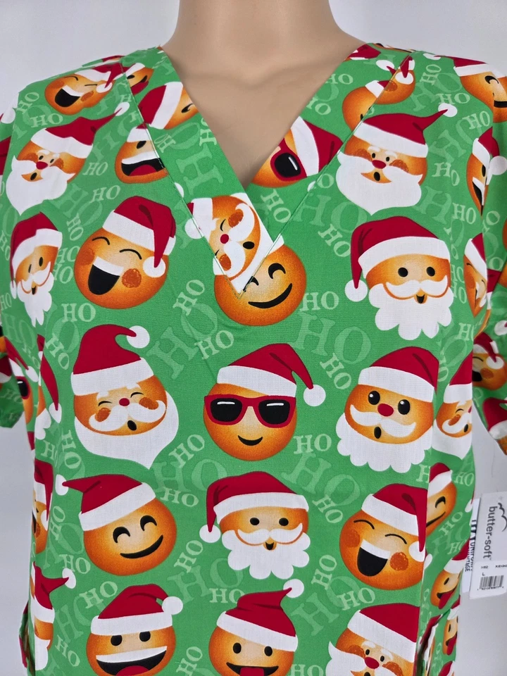 Womens Scrub Top Butter-Soft by UA Cotton Blend Santa Emoji Smiley Pockets - Image 2 of 4