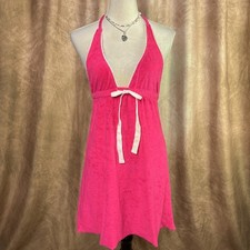 Y2k Terry Cloth Halter Dress Pink V Neck Sleeveless Mini Beach Tropical Summer
