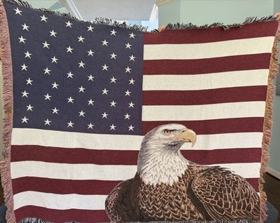 American Flag Bald Eagle Woven Tapestry Throw Blanket Fringe 51x61 Patriotic USA