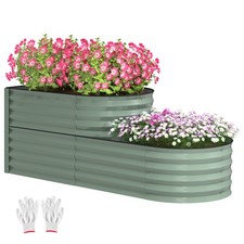 Outsunny 2-Tier Galvanised Raised Garden Bed with Safety Edging Light Green