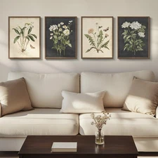 Framed Botanical Wall Art for Living Room, 4 Piece Rustic Floral Canvas Paint...