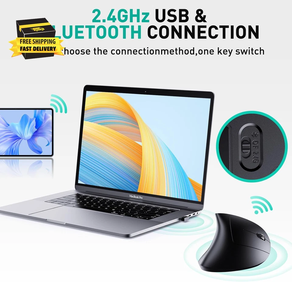 Bluetooth and 2.4G (2-In-1) Rechargeable Wireless Mouse, Ergonomic Vertical Desi - Image 2 of 4