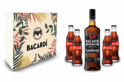 Bacardi Geschenkset - Bacardi Carta Negra Rum 0,7l 700ml (40% Vol) + 4x Cola ZE