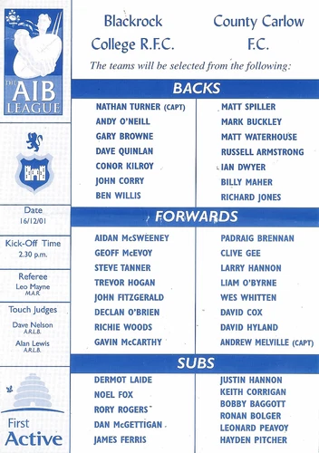 Blackrock College v County Carlow 16 Dec 2001 RUGBY PROGRAMME