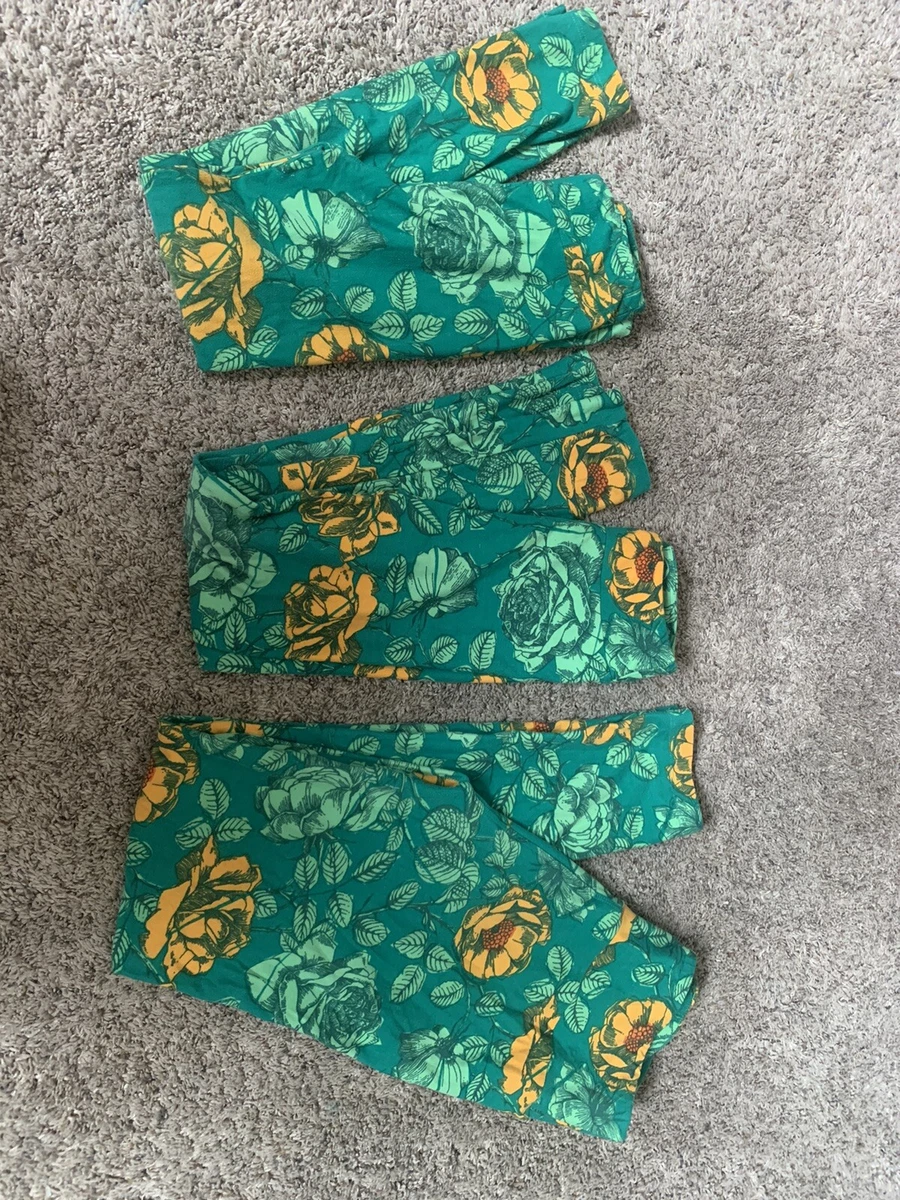 Lularoe Mommy And Me Leggings OS Kids L/XL 3 Pairs green and yellow roses