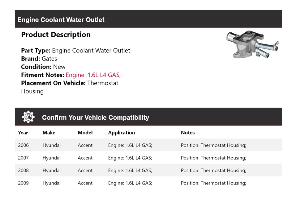 Puertas de salida de agua de refrigerante para motor Hyundai Accent 2006-2009 2007 2008 Foto 2 de 4
