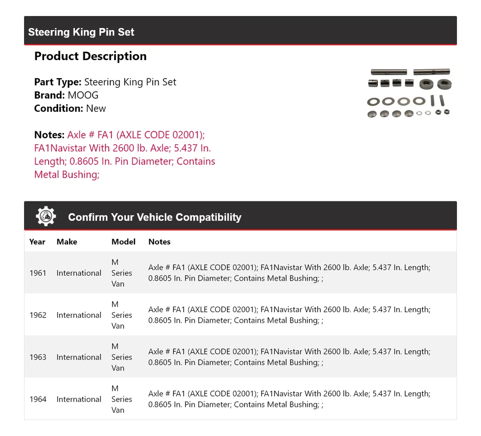 Juego de pasadores de dirección para furgoneta serie M International 1961-1964 MOOG 1961 1962 Foto 2 de 4