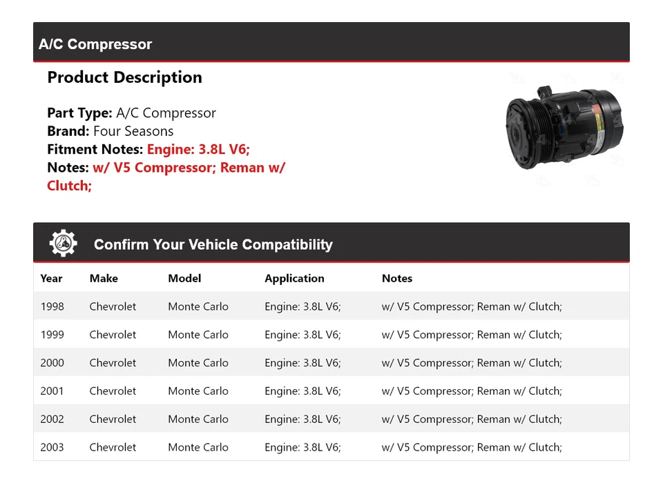 Para Chevrolet Monte Carlo 1998-2003 3,8 L V6 compresor de aire acondicionado 4 estaciones 1999 2000 Foto 2 de 4