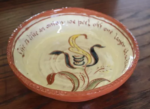 Vintage Welden Pottery Redware Penn. Dutch Small Pie Dish Life is like an onion.