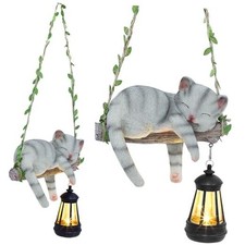 Solar Lighted Garden Outdoor Statue, 22.6" H Hanging Swing Lying Sleeping Cat