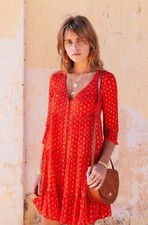 Sezane Aure Silk Metallic Dress Orange Gold Print Lined US 4 Small