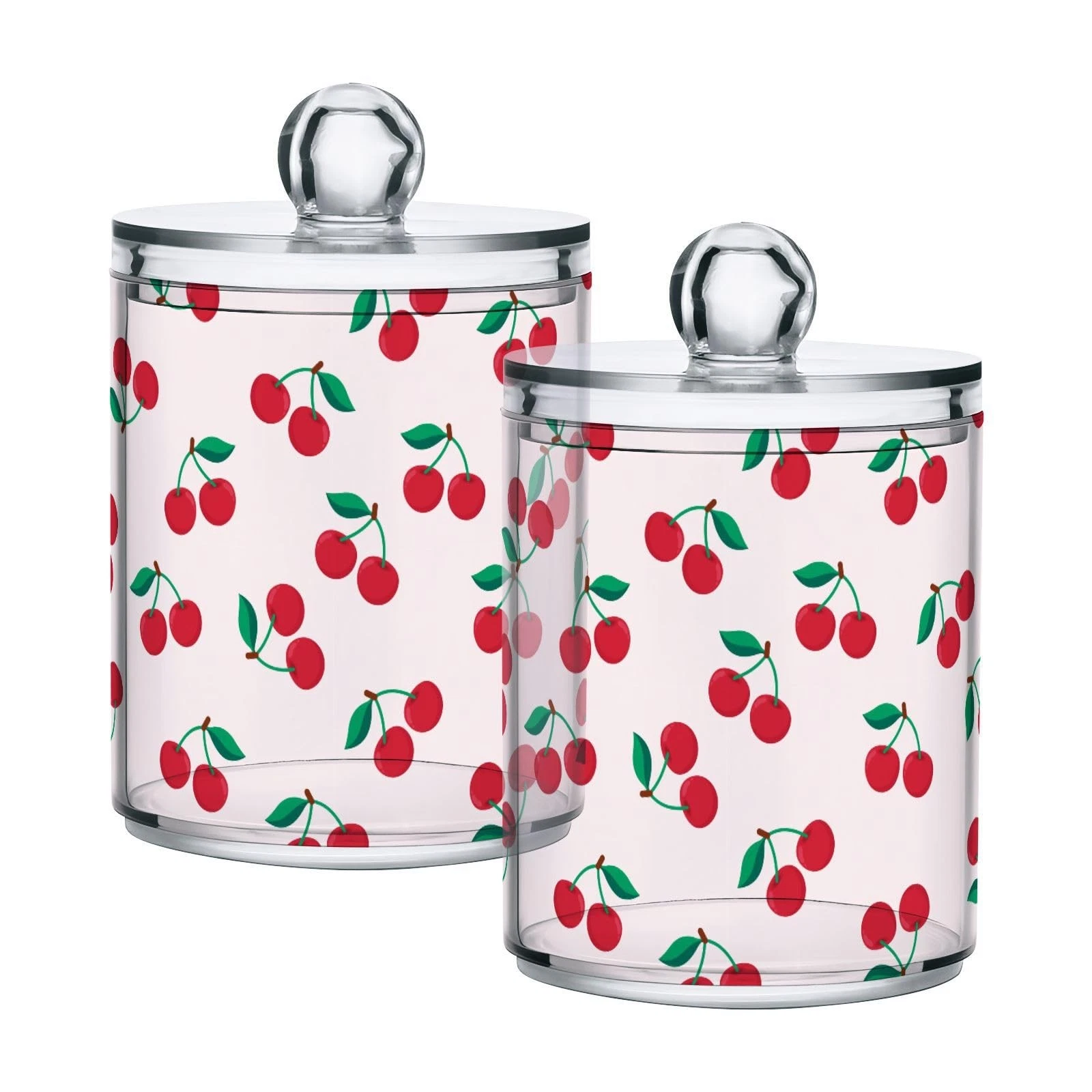 Apothecary Jar with Lids 4 Pack Cute Cherry Fruit Qtip Holder Clear Plastic C...