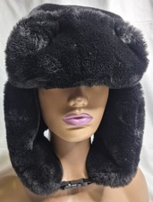 Black Faux Fur Aviator Winter Hat with Ear Flaps, Insulated, Unisex One Size