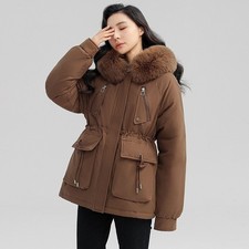 Women's Puffer Parka Jacket Faux Fur Hood Fleece Lined Winter Coat Brown Warm