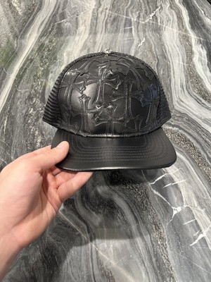 Auth CHROME HEARTS Cemetery Cross Patch Trucker Hat - Black Mesh Leather Cap OS