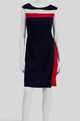 Connected Apparel Women's Blue Colorblocked Round Neck Sheath Dress Sz 8