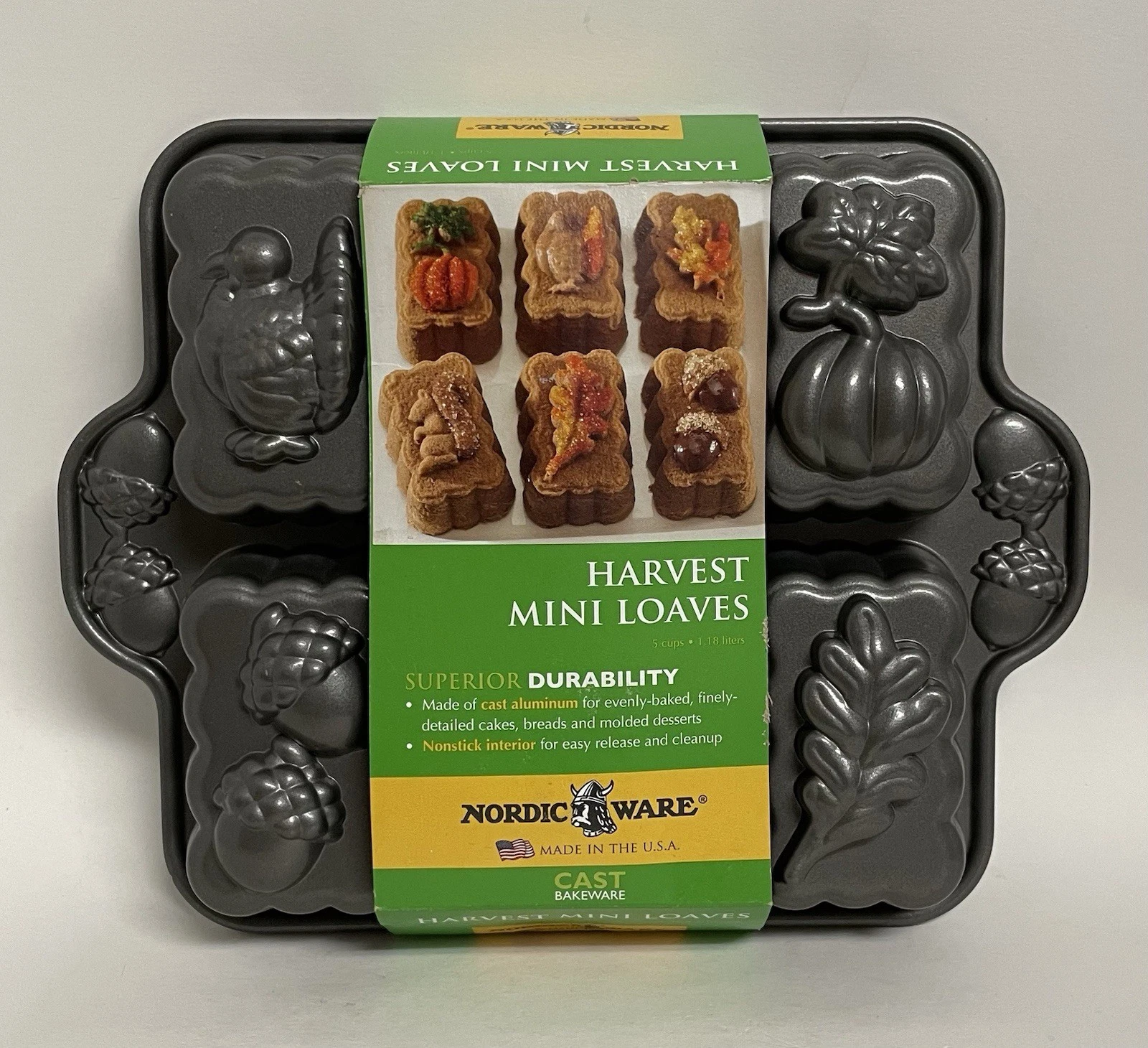 NEW Nordic Ware Harvest Mini Loaf Pan Pumpkin Turkey Acorns Leaves Squirrel USA