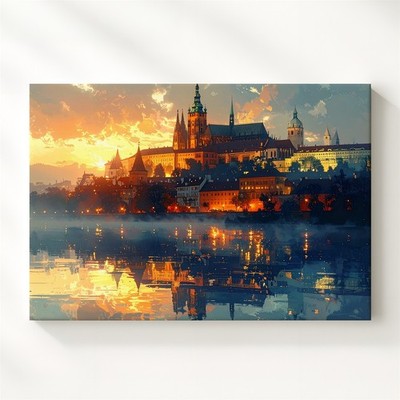 Twilight Castle Reflection Canvas Romantic European Skyline At Dusk Wall Art