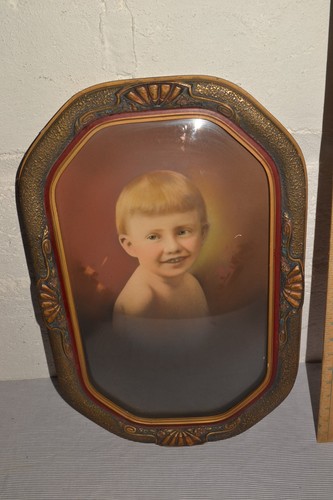 Antique Fancy Wood Convex Curved Bubble Glass Photo Portrait Frame Art 20x13" - Picture 3 of 11
