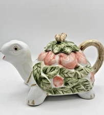 Happy Turtle TEAPOT Figural Floral Leaves Branch Pink Green Ceramic Handcrafted