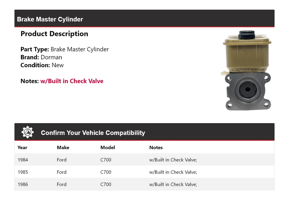 Cilindro maestro de freno para Ford C700 Dorman 1984-1986 1985 Foto 2 de 4