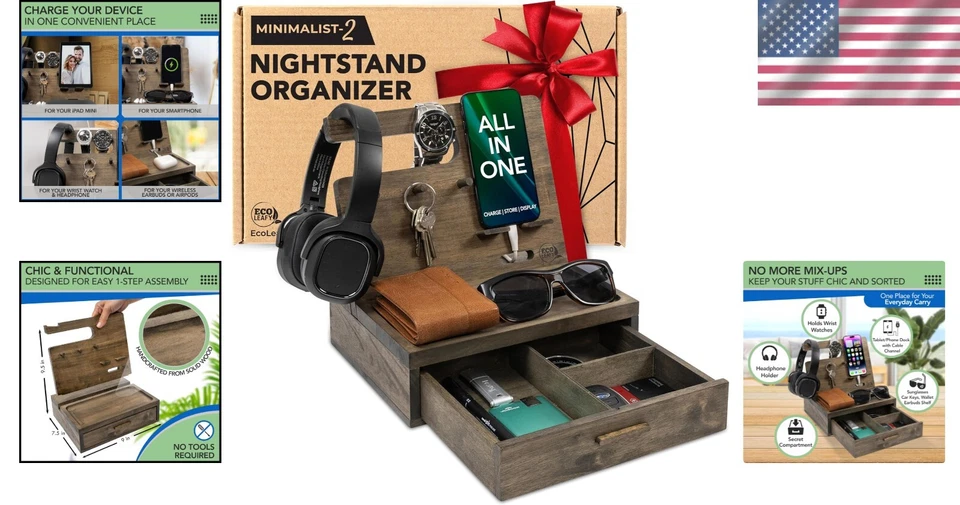 Eco-Friendly Rustic Wood Nightstand Organizer with Hidden Drawer for Essentials - Image 2 of 4