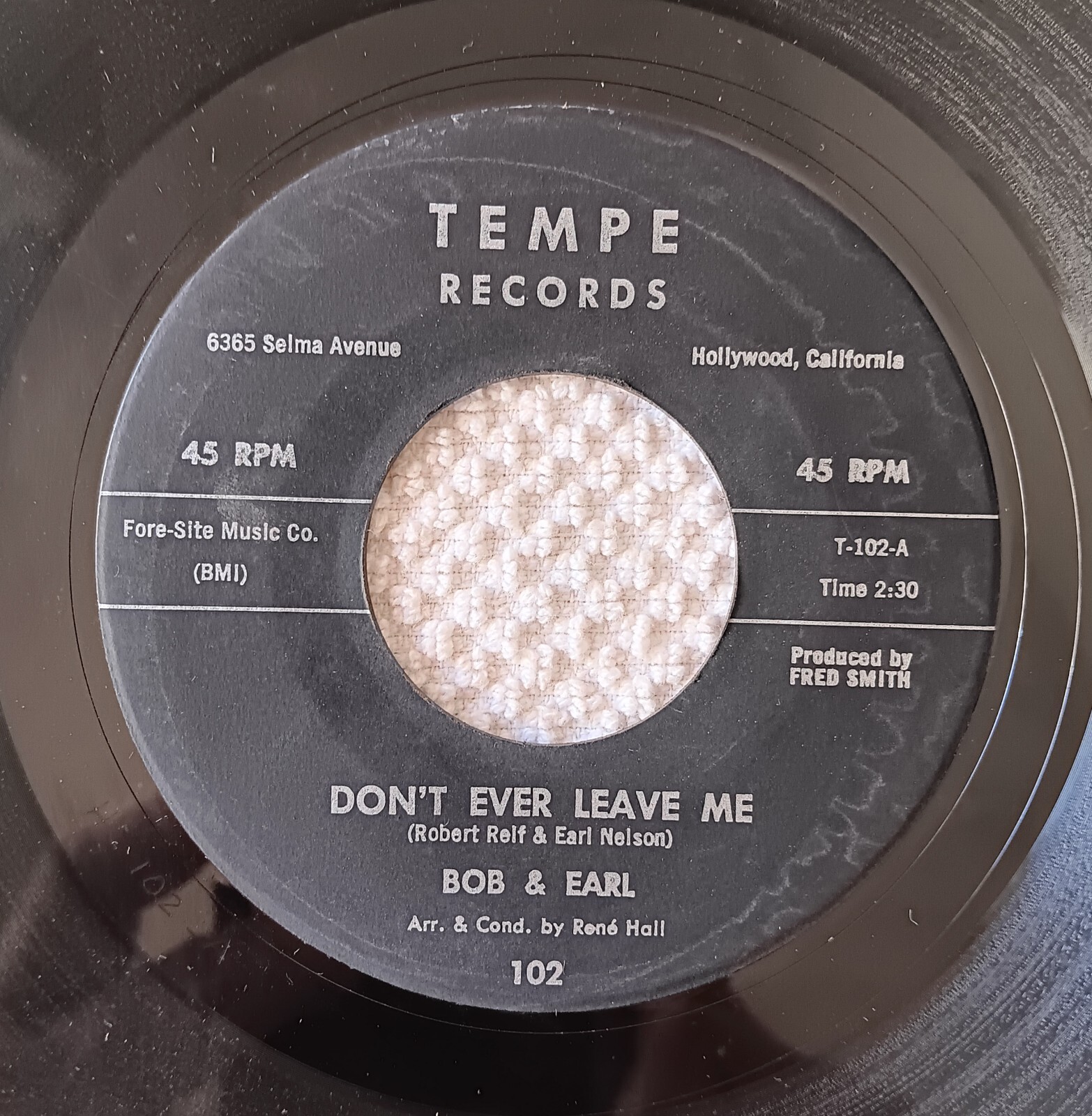 Bob & Earl, Don't Ever Leave Me(2 Versions), 45rpm, Tempe Records T-102-A