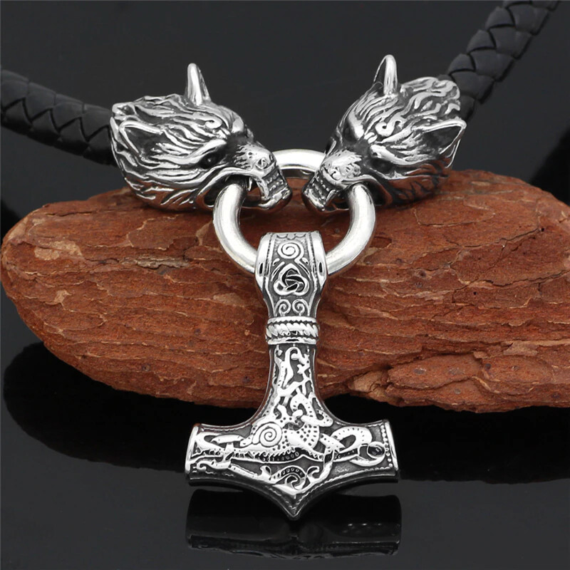 Men's Viking Wolf & Thor Hammer Mjolnir Necklace - Stainless Steel Pendant With Byzantine Chain, Black/Gold