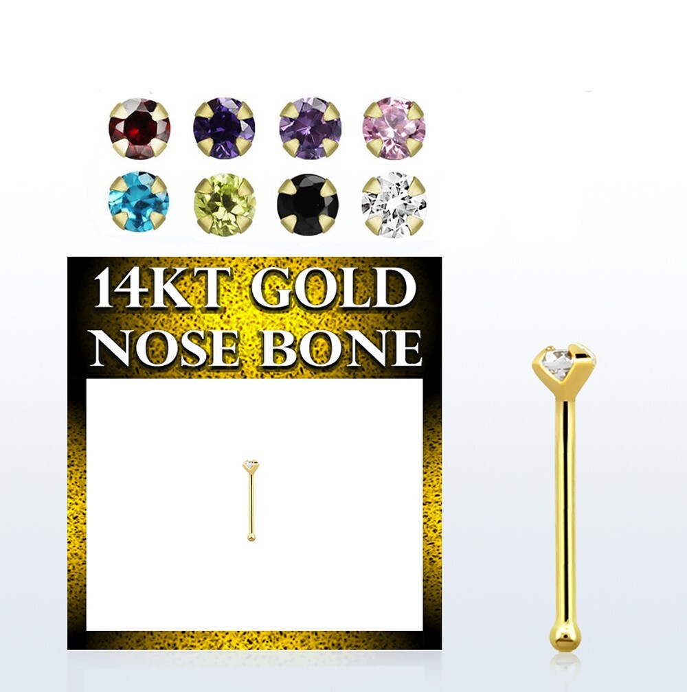 1 14K 14 Carat Real Gold 2mm CZ Colour Prong Gem Nose Bone Stud 22g (0