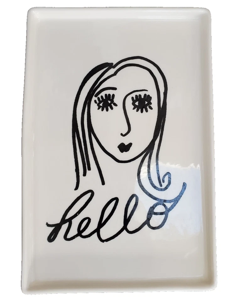 HELLO Ceramic Tray Drawing of Woman Black White  Food Cooking Platter Oven Safe - Image 2 of 4