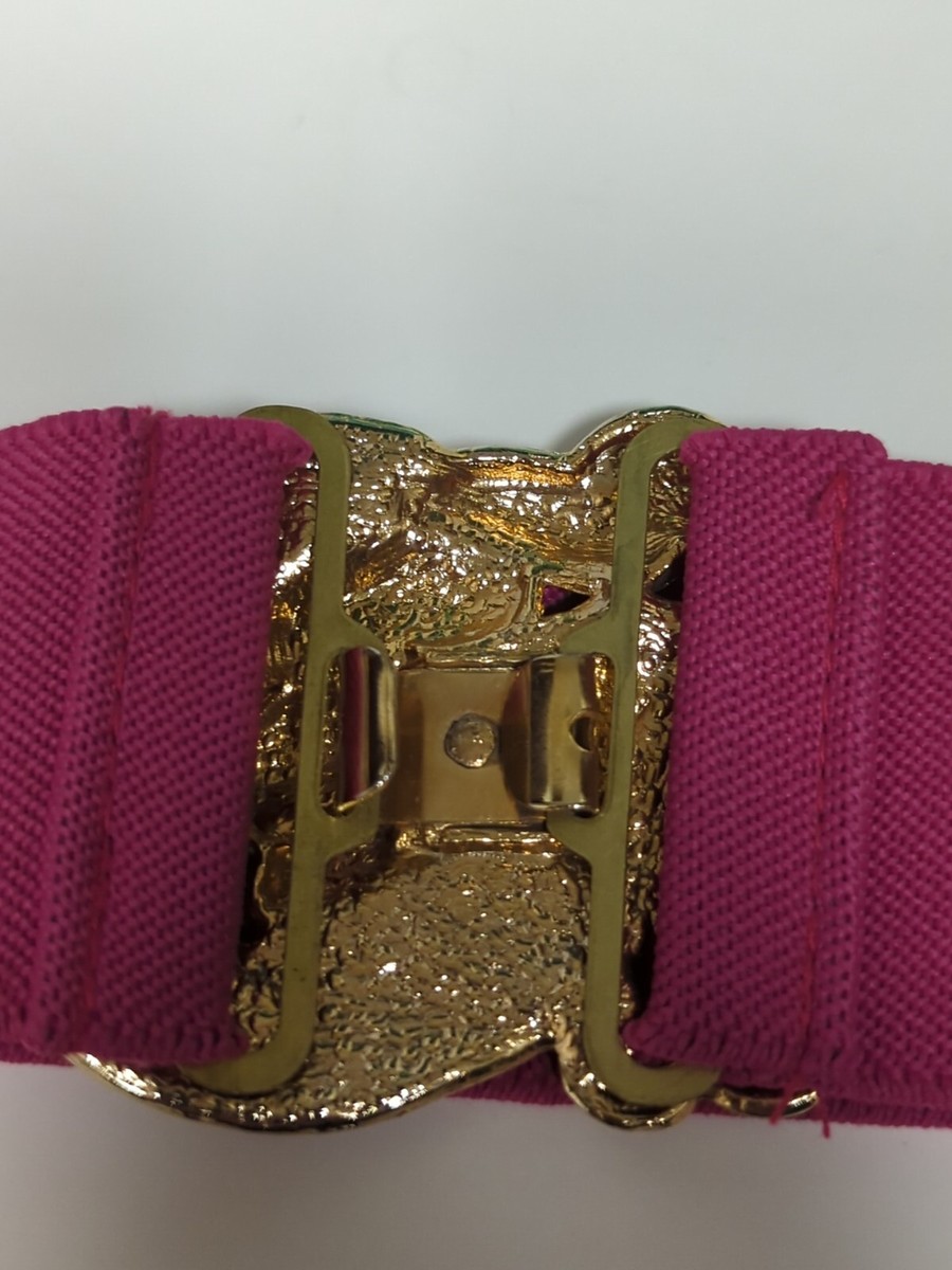 Barbie Pink & Gold Enamel Buckle Waist Statement Belt Vintage Retro 80s Fashion Belt Elastic Pink Gold Enamel  main image 3
