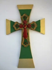  3 LAYER CROSS, GREEN & GOLD PAINTED WOOD W/ DECORATED CROSS ON TOP -  8"X5' NEW