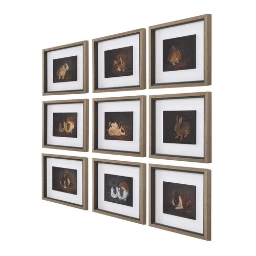 NINE RESTING BUNNY FRAMED PRINTS UNDER GLASS WALL ART PICTURES UTTERMOST 32386 - Picture 4 of 7