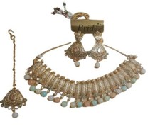 Indian Pakistani Jewellery 3 PCS Set Necklace  Earrings & Tikka Gold