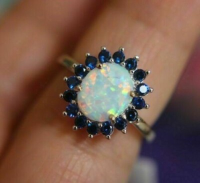 2.50Ct Oval Cut Opal & Sapphire Halo Engagement Ring in 14K White Gold Plated