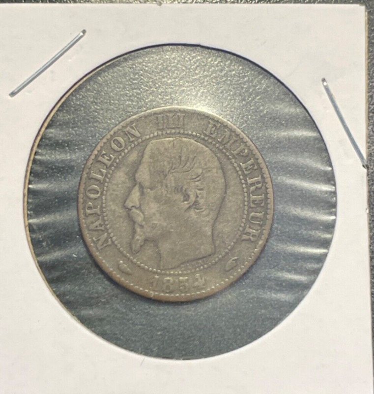 1854 Napoleon III Bronze Cinq Centimes Coin - France