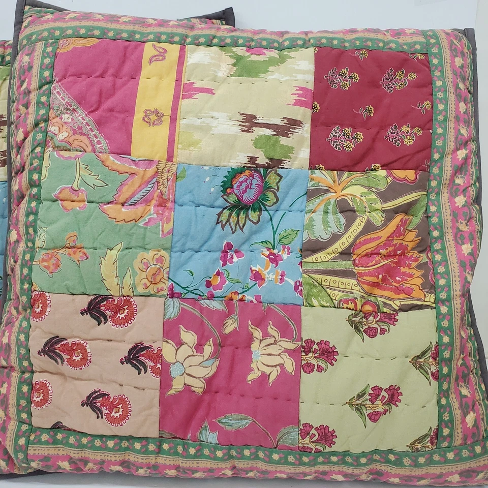 拼布绗缝枕头粉色绿色手工方形 Cottagecore 2 件 — 第 2/4 张图片