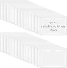 32 Pack Self-Adhesive Index Card Pockets for 3 X 5 Card Clear Plastic Labels