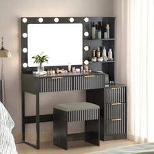 Vanity Desk with Mirror & Lights & USB Ports, Fluted 5-Drawer Dressing Table New