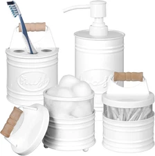 White Bathroom Accessories Set 4 - Farmhouse Soap Dispenser, Toothbrush Holder,