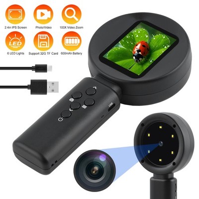 Digital Magnifier 2.4'' Screen 100X Magnifying Glass 1080P Camera Video LED Light