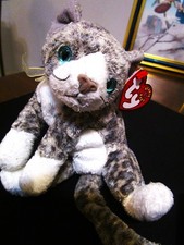 Ty Beanie Babies: Purr Grey and White Cat Blue Eyes Stuffed Animal Plush Beanbag